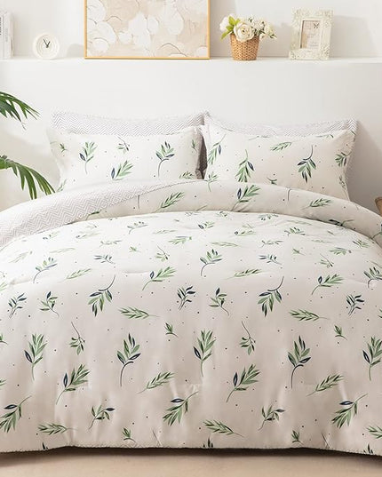 EMME Queen Comforter Set - Sage Green Floral Bedding Set 7 PCS with Nature Leaves Pattern, Soft Leaf Printed Botanical Bed Set with Sheets, Fluffy Bed Bag for All Season(90"X90") - LeafyLoom
