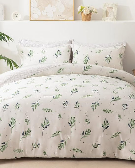 EMME King Comforter Set - Sage Green Floral Bedding Set 7 PCS with Nature Leaves Pattern, Soft Leaf Printed Botanical Bed Set with Sheets, Fluffy Bed Bag for All Season(102"X90") - LeafyLoom