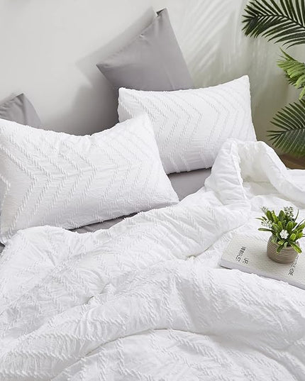 Wellboo White Tufted Jacquard Boho Comforter Set Full Size White Bedding Set Shabby Chic All Season Bed Quilt Women Men White Farmhouse Embroidery Blanket Soft Adult Broken Line Wave Geometry Bed - LeafyLoom