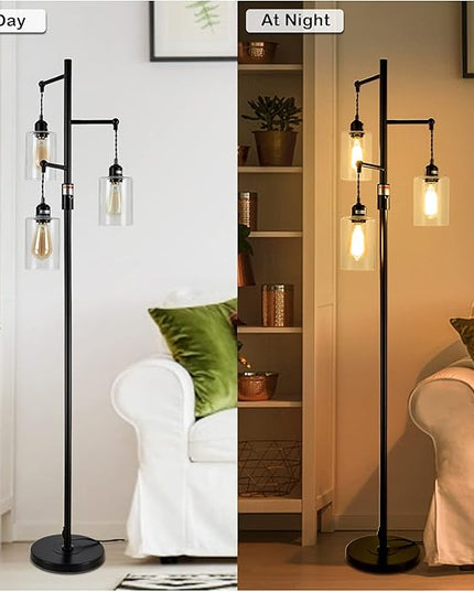 Airposta Industrial Floor Lamp with On/Off Dimmable Switch, 3-Head Rustic Tree Standing Lamp, Edison Bulb 40W Retro Tall Glass Floor Light for Living Room, Reading, Office, Bedroom, Black - LeafyLoom