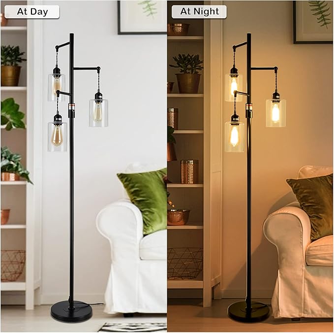 Airposta Industrial Floor Lamp with On/Off Dimmable Switch, 3-Head Rustic Tree Standing Lamp, Edison Bulb 40W Retro Tall Glass Floor Light for Living Room, Reading, Office, Bedroom, Black - LeafyLoom