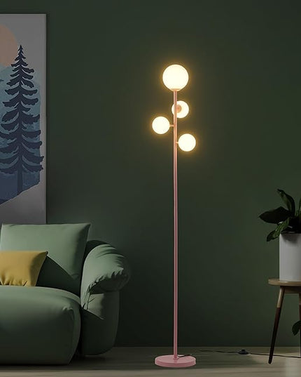 4 Globe Floor Lamp for Living Room, Gold Modern Standing Lamp with Frosted Sphere Glass Shade, 3000K Warm Light LED Bulbs Included, Tall Tree Lamp for Bedroom, Home & Office - Pink - LeafyLoom