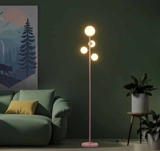 4 Globe Floor Lamp for Living Room, Gold Modern Standing Lamp with Frosted Sphere Glass Shade, 3000K Warm Light LED Bulbs Included, Tall Tree Lamp for Bedroom, Home & Office - Pink - LeafyLoom