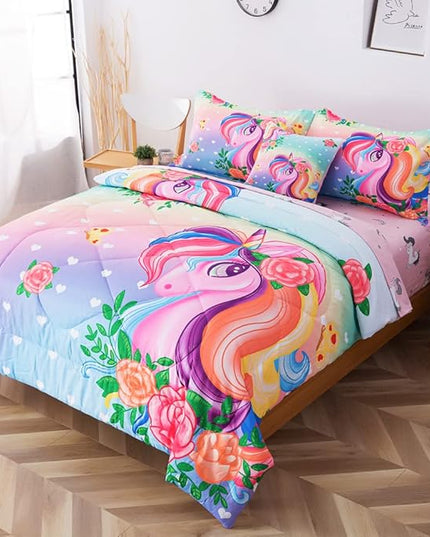 ADASMILE A & S Unicorn Comforter Set Full with Sheets 6 Pieces Floral Pink Unicorn Bedding Set for Girls Kids Unicorn Sheets Soft Bed-in-a-Bag Comforter Reversible Bed Comforter Set for Home Decor - LeafyLoom
