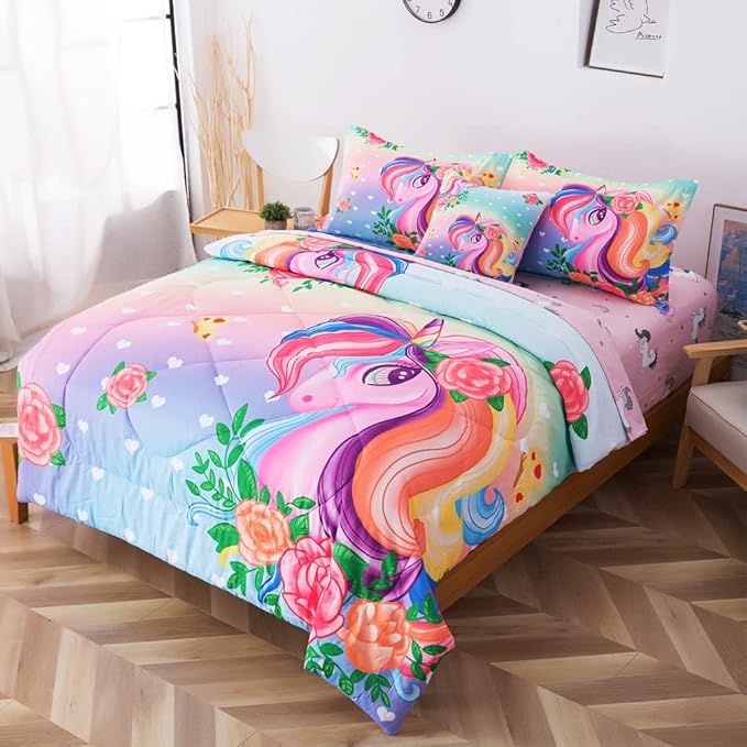 ADASMILE A & S Unicorn Comforter Set Twin with Sheets 6 Pieces Floral Pink Unicorn Bedding Set for Girls Kids Unicorn Sheets Soft Bed-in-a-Bag Comforter Reversible Bed Comforter Set for Home Decor - LeafyLoom