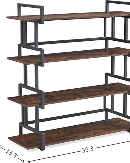 4-Tier Bookshelf-Industrial Bookcase, Rustic Open Book Shelf, Vintage Freestanding Bookshelves, Metal Frame and Solid Wood, Living room, Office, Bedroom Storage - LeafyLoom