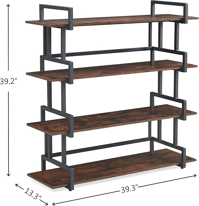 4-Tier Bookshelf-Industrial Bookcase, Rustic Open Book Shelf, Vintage Freestanding Bookshelves, Metal Frame and Solid Wood, Living room, Office, Bedroom Storage - LeafyLoom