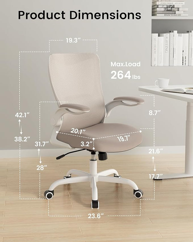 Office Chair, Ergonomic Desk Chair with Adjustable Lumbar Support and Flip up Armrest, Breathable Mesh Computer Chair for Home Office, Khaki - LeafyLoom