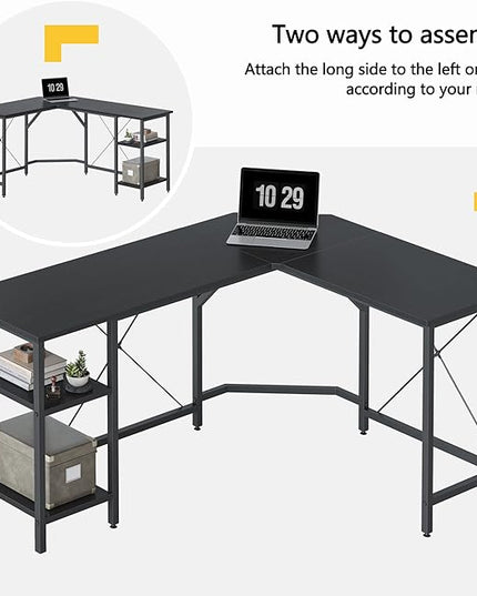 CubiCubi L Shaped Desk, 59.1 Inch Reversible Corner Desk with Storage Shelves, Home Office Desk for Writing Gaming Study, Black - LeafyLoom