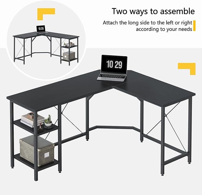 CubiCubi L Shaped Desk, 59.1 Inch Reversible Corner Desk with Storage Shelves, Home Office Desk for Writing Gaming Study, Black - LeafyLoom