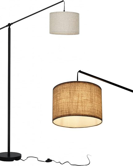 SURAIELEC Arc Floor Lamp, Overhang Cantilever Standing Floor Lamp for Couch, Sofa, Reading, Living Room, Bedroom, Adjustable Balance Arm, Natural Linen Drum Shade, Matt Black Metal Pole, Foot Switch - LeafyLoom