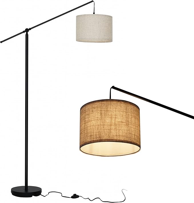 SURAIELEC Arc Floor Lamp, Overhang Cantilever Standing Floor Lamp for Couch, Sofa, Reading, Living Room, Bedroom, Adjustable Balance Arm, Natural Linen Drum Shade, Matt Black Metal Pole, Foot Switch - LeafyLoom