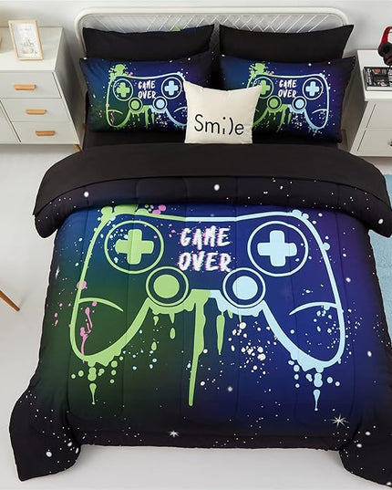 KAKKI Kids Gaming Bedding Sets Queen Size for Boys Teen, 5 Piece Bed in a Bag Gamer Comforter Set with Sheets, 3D Colorful Game Controller Comforter, All Season Soft Microfiber Bed Set(Blue,Queen) - LeafyLoom