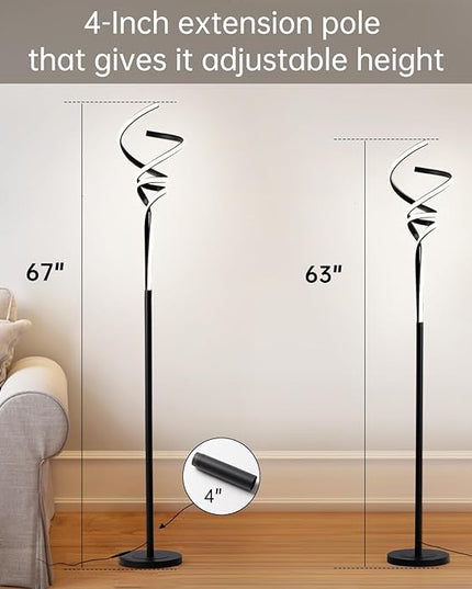 Modern Spiral Floor Lamps for Living Room, LED Spiral Floor Lamp 48W Tall Standing Lamp Timing 63"-67" Adjustable Height 3 Color Dimable Corner Black Floor Lamps for Bedroom Office - LeafyLoom