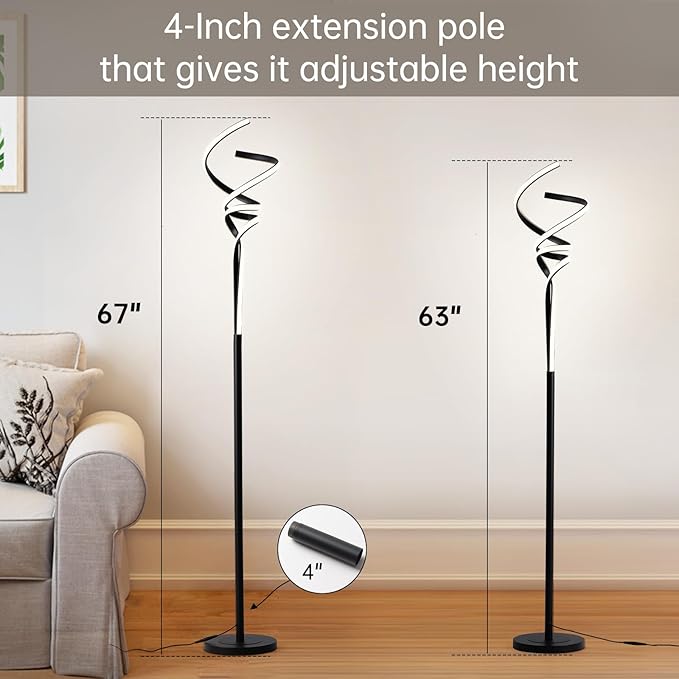 Modern Spiral Floor Lamps for Living Room, LED Spiral Floor Lamp 48W Tall Standing Lamp Timing 63"-67" Adjustable Height 3 Color Dimable Corner Black Floor Lamps for Bedroom Office - LeafyLoom