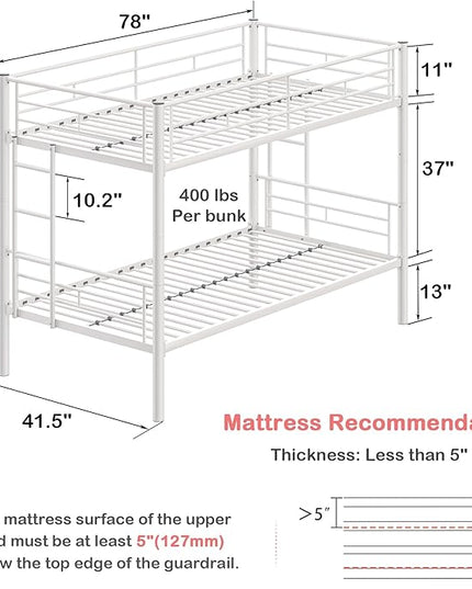 VECELO Metal Loft Bed Twin Size with Desk Industrial Bunkbeds with Ladder and Full-Length Guardrail, Noise Free, No Box Spring Needed, White - LeafyLoom