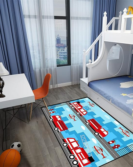Car Rug Play Mat Car Rug Play Mat Car Rug for Boys Room Fire Fighting Truck Red Car Printed Rug Play Rug for Cars and Trucks Play Rugs for Kids Rooms,Light Blue 3'×4' - LeafyLoom
