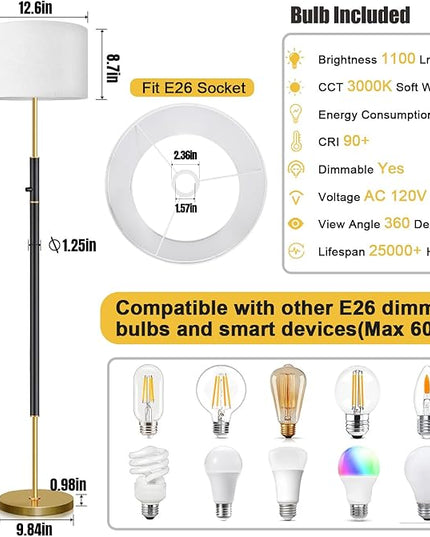 【Upgraded】 Dimmable Floor Lamp for Living Room, 1100 Lumens LED Edison Bulb Included, Simple Standing Lamp with Linen Lamp Shade, Modern Tall Lamp for Living Room Bedroom Office - Black and Gold - LeafyLoom
