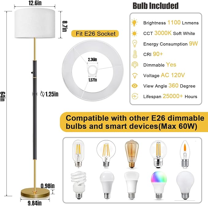 【Upgraded】 Dimmable Floor Lamp for Living Room, 1100 Lumens LED Edison Bulb Included, Simple Standing Lamp with Linen Lamp Shade, Modern Tall Lamp for Living Room Bedroom Office - Black and Gold - LeafyLoom