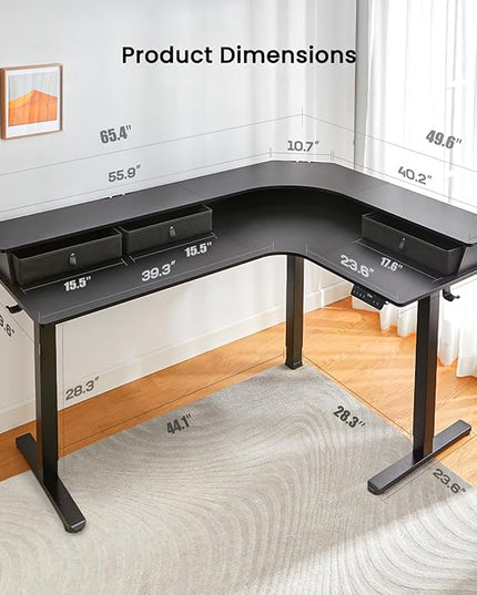ErGear 65″ L Shaped Gaming Desk with 3 Drawers, Standing Desk Height Adjustable w/Monitor Shelf [C-Clamp Mount Compatible], Corner Stand up Desk w/Cable Management Trays for Home Office, Black - LeafyLoom