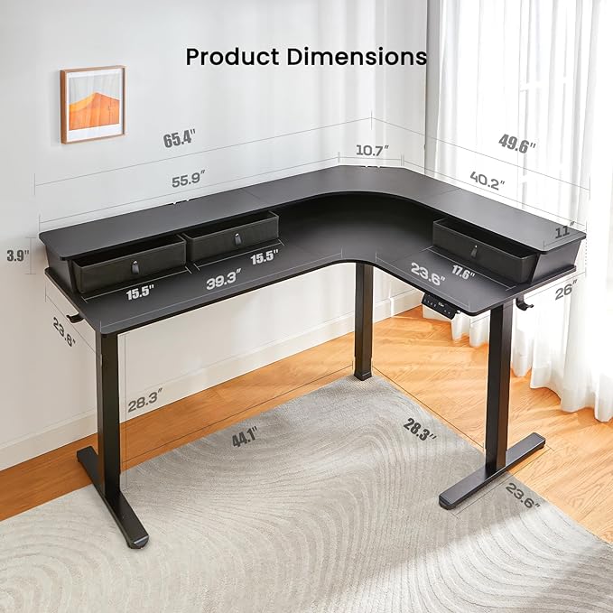 ErGear 65″ L Shaped Gaming Desk with 3 Drawers, Standing Desk Height Adjustable w/Monitor Shelf [C-Clamp Mount Compatible], Corner Stand up Desk w/Cable Management Trays for Home Office, Black - LeafyLoom