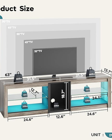 Bestier TV Stand for 70 inch TV, Gaming Entertainment Center for PS5, LED TV Cabinet with Glass Shelves for Living Room, 63'' Inch, Grey Wash - LeafyLoom