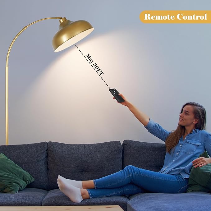 Modern Arc Floor Lamp for Living Room, 16 Inch Large Dome Arch Dimmable Standing Light with Remote, Industrial Tall Arched Reading Lamps Hanging Metal Shade for Bedroom, Office, Over Couch,JE-F231218 - LeafyLoom