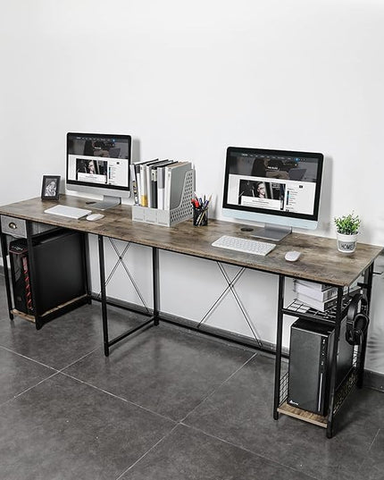 X-cosrack 2 Person Desk Large L-Shaped Computer Desk with Storage Shelves Drawer, Home Office Writing Corner Desk, Long Desk PC Laptop Workstation with Hooks Storage Bag Cable Hole - LeafyLoom