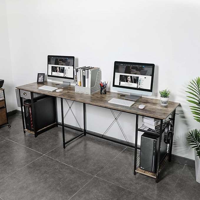 X-cosrack 2 Person Desk Large L-Shaped Computer Desk with Storage Shelves Drawer, Home Office Writing Corner Desk, Long Desk PC Laptop Workstation with Hooks Storage Bag Cable Hole - LeafyLoom