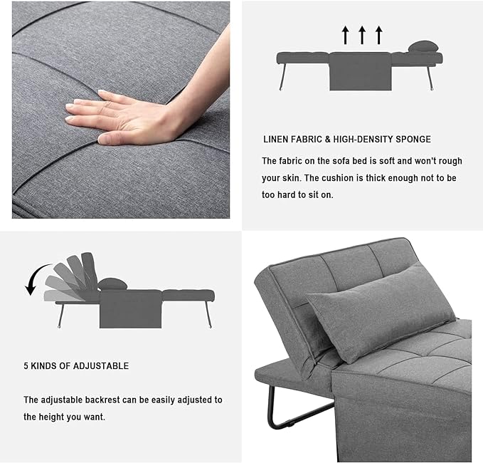 Sofa Bed,4 in 1 Multi Function Folding Ottoman Sleeper Bed,Modern Convertible Chair Adjustable Backrest Couch for Living Room Small Room Apartment,Light Grey - LeafyLoom