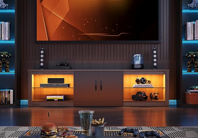 Bestier 70 Inch Led TV Stand for 75 Inch TV Large Entertainment Center Gaming with Adjustable Glass Shelves Two Cabinets Modern TV Console for Living Room 22 RGB Modes, Wash Gray - LeafyLoom