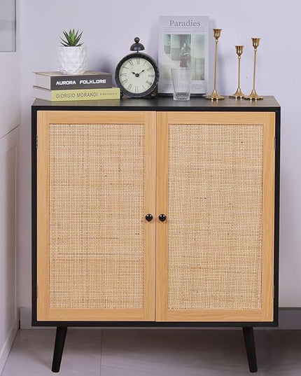 Sideboard Buffet Cabinet,Accent Kithchen Storage Cabinet with Rattan Doors,Wood Cupboard Console Table with Adjustable Shelves for Living Room, Black - LeafyLoom