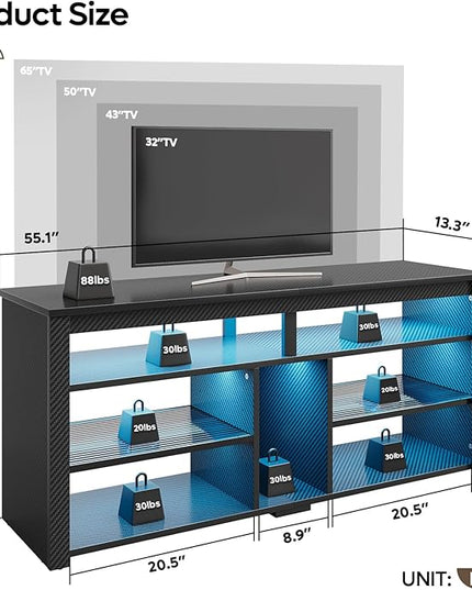 Bestier LED Tall TV Stand, Entertainment Center for 55/60/65 inch TV, Gaming TV Console with Storage for PS5, Adjustable Shelf Modern High TV Cabinet for Living Room Bedroom, Carbon Fiber Black - LeafyLoom
