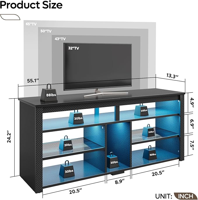 Bestier LED Tall TV Stand, Entertainment Center for 55/60/65 inch TV, Gaming TV Console with Storage for PS5, Adjustable Shelf Modern High TV Cabinet for Living Room Bedroom, Carbon Fiber Black - LeafyLoom