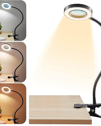 Magnifying Glass with Light 5X, 9w Clip on Light, 48 LED Desk Lamp wtih Clamp Light, 3 Modes Dimmable Magnifying LED Lamps for Bed Work Crafts Workbench - LeafyLoom