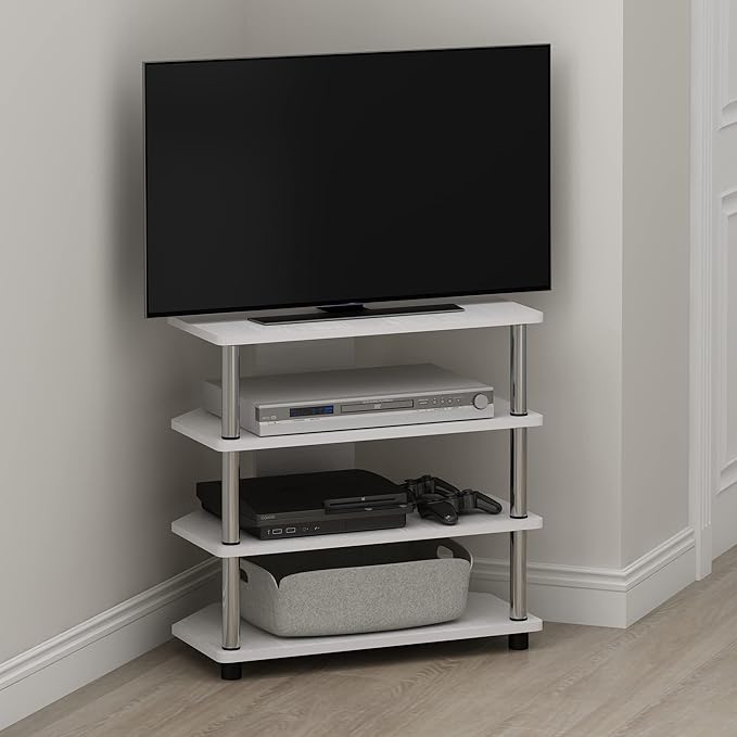 Furinno Econ Easy Assembly 4-Tier Petite Entertainment Center TV Stand for TV up to 25 Inch with Stainless Steel Tubes, White Oak/Chrome - LeafyLoom