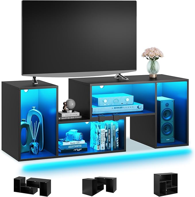 YITAHOME 42" Deformable TV Stand w/LED Strip, Modern Entertainment Center for 70/65/60/55/50/45 inch TVs, Gaming TV Consoles 2 Pieces Media Console Cabinet for Living Room, Black - LeafyLoom