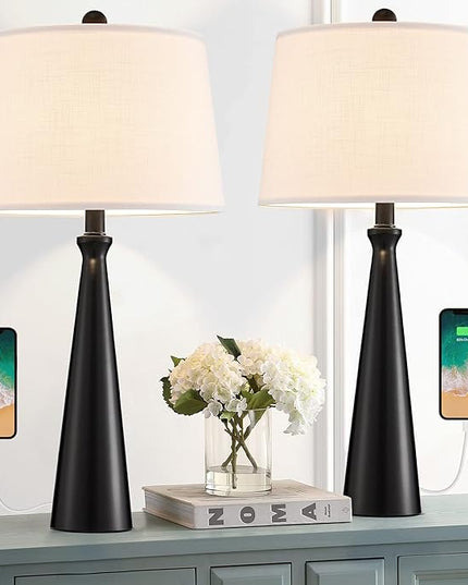 Oneach 25.75” Modern Table Lamps with USB Port Set of 2 Accent Gold Nightstand Lamp for Living Room Bedroom Office Black - LeafyLoom