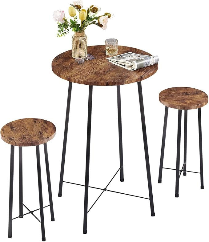 VECELO Small Bar Table and Chairs, Round Bistro Sets with 2 barstools, 3-Piece Pub Dining Furniture, Counter Height Wood Top for Breakfast Dinner Coffee Nap Conference, Easy Assembly, Brown - LeafyLoom