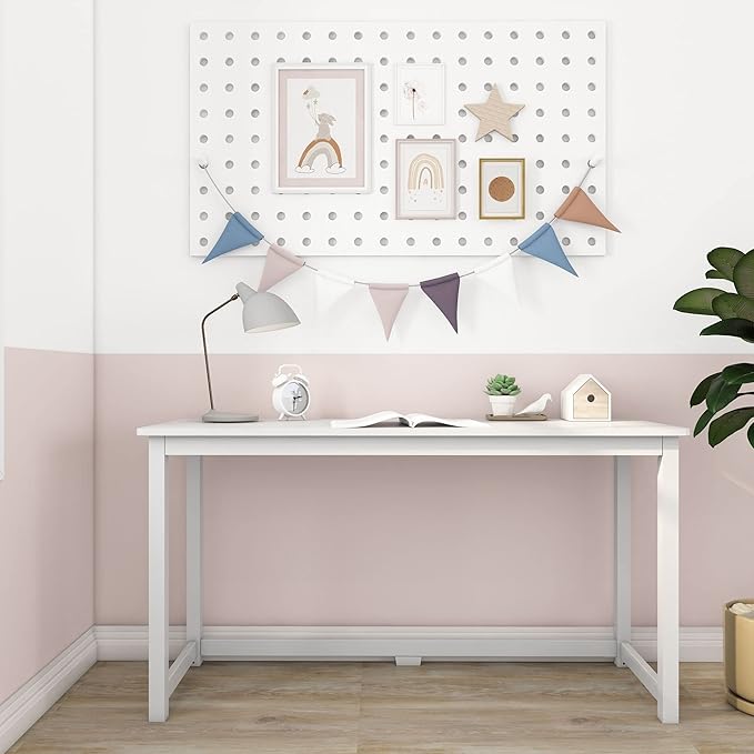 Max & Lily Solid Wood Desk, 55 Inches, White - LeafyLoom