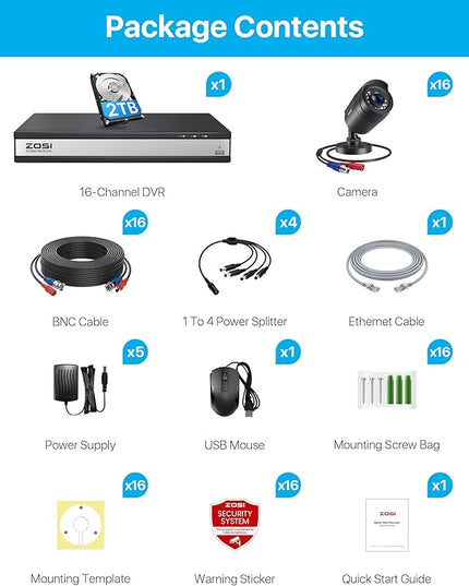 ZOSI 3K Lite 16Channel Security Camera System,AI Human/Vehicle Detection,Night Vision,Remote Access,16pcs 1080P Outdoor Surveillance Bullet Cam,H.265+ 1080p 16CH DVR with 2TB HDD for 24/7 Recording ZOSI