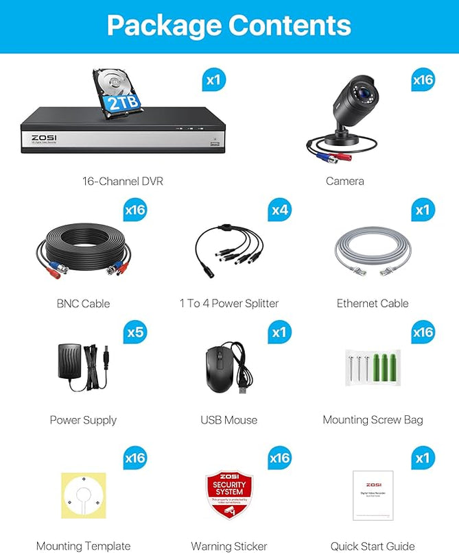 ZOSI 3K Lite 16Channel Security Camera System,AI Human/Vehicle Detection,Night Vision,Remote Access,16pcs 1080P Outdoor Surveillance Bullet Cam,H.265+ 1080p 16CH DVR with 2TB HDD for 24/7 Recording ZOSI