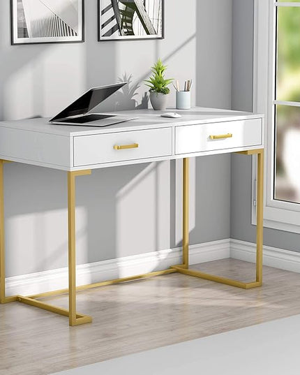 Tribesigns 40 Inch Computer Desk, White and Gold Desk with 2 Drawers, Modern Simple Home Office Desk, Gold Writing Desk Study Table for Bedroom, Modern Makeup Vanity Desk for Small Spaces - LeafyLoom