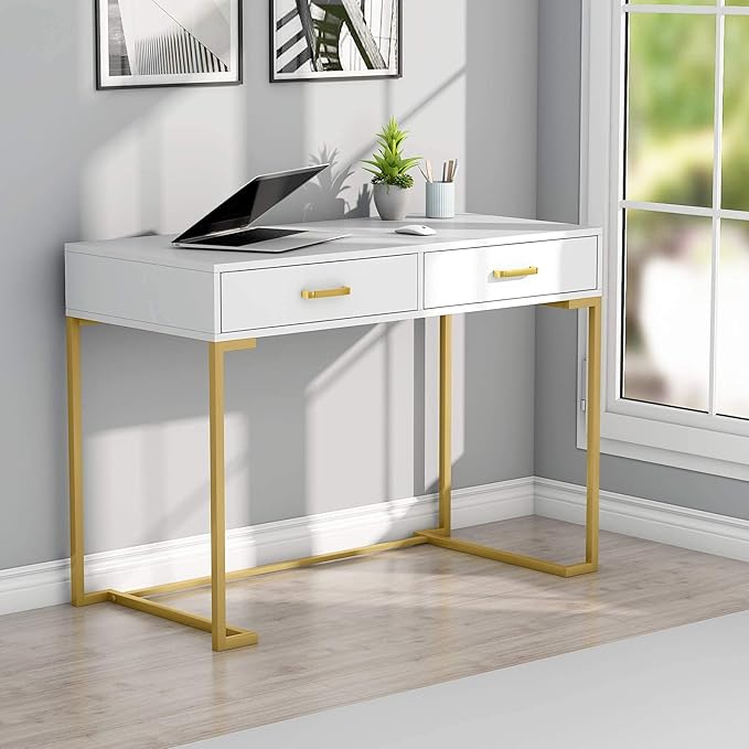 Tribesigns 40 Inch Computer Desk, White and Gold Desk with 2 Drawers, Modern Simple Home Office Desk, Gold Writing Desk Study Table for Bedroom, Modern Makeup Vanity Desk for Small Spaces - LeafyLoom