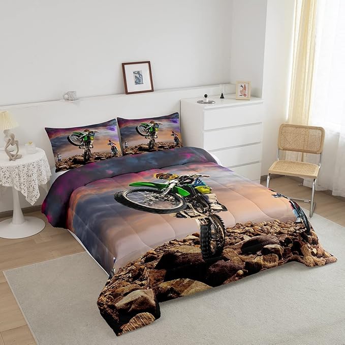 Dirt Bike Comforter Set for Boys Bedroom Motocross Rider Extreme Sports Duvet Insert Mountain Bike Bedding Quilted Set Kids Motorcycle Motorbike Down Comforter,Soft Lightweight for All Season,King - LeafyLoom