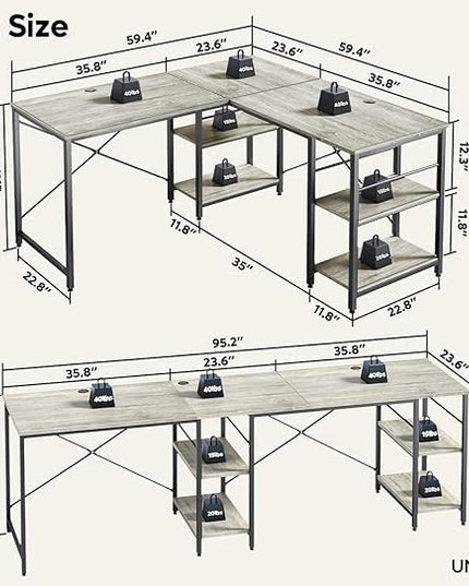 Bestier L Shaped Desk, 95.2 Inch Reversible Corner Computer Desk with Shelves, 2 Person Long Table for Home Office, Large Writing Storage Workstation with 3 Cable Holes, Rustic Brown, Grey Oak - LeafyLoom