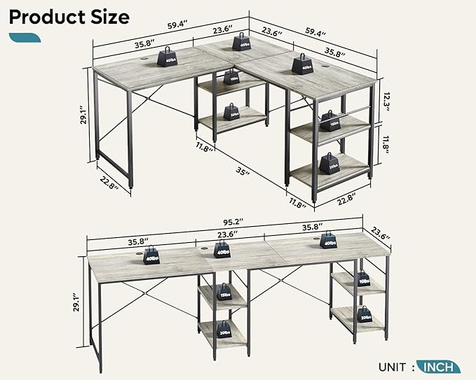 Bestier L Shaped Desk, 95.2 Inch Reversible Corner Computer Desk with Shelves, 2 Person Long Table for Home Office, Large Writing Storage Workstation with 3 Cable Holes, Rustic Brown, Grey Oak - LeafyLoom
