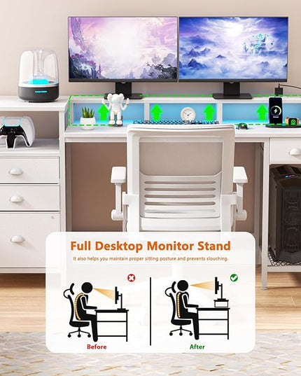 Furologee White Computer Desk with Drawers, 60" Office Long Desk with Fabric File Cabinet and Power Outlets, Gaming Desk with LED Lights, Study Writing Work Desk for Home Office, White - LeafyLoom