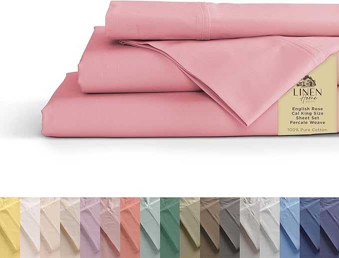 100% Cotton Percale Sheets California King Size, English Rose, Deep Pocket, 4 Pieces Sheet Set - 1 Flat, 1 Deep Pocket Fitted Sheet and 2 Pillowcases, Crisp Cool and Strong Bed Linen - LeafyLoom