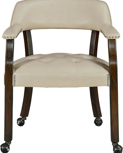 Large Dining Chairs with Casters and Arms, Rolling Dining Chairs with Wheels, Solid Wood Office Desk Chairs, 26“Dx25.2 Wx31.5“H, Espresso Legs & Beige PU, XXY-1910-BG - LeafyLoom